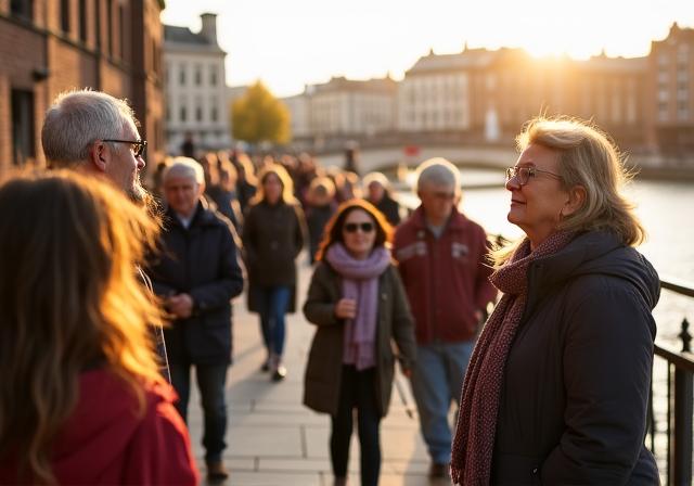 Guide leading a heritage walk along the Liffey quays in Dublin city centre